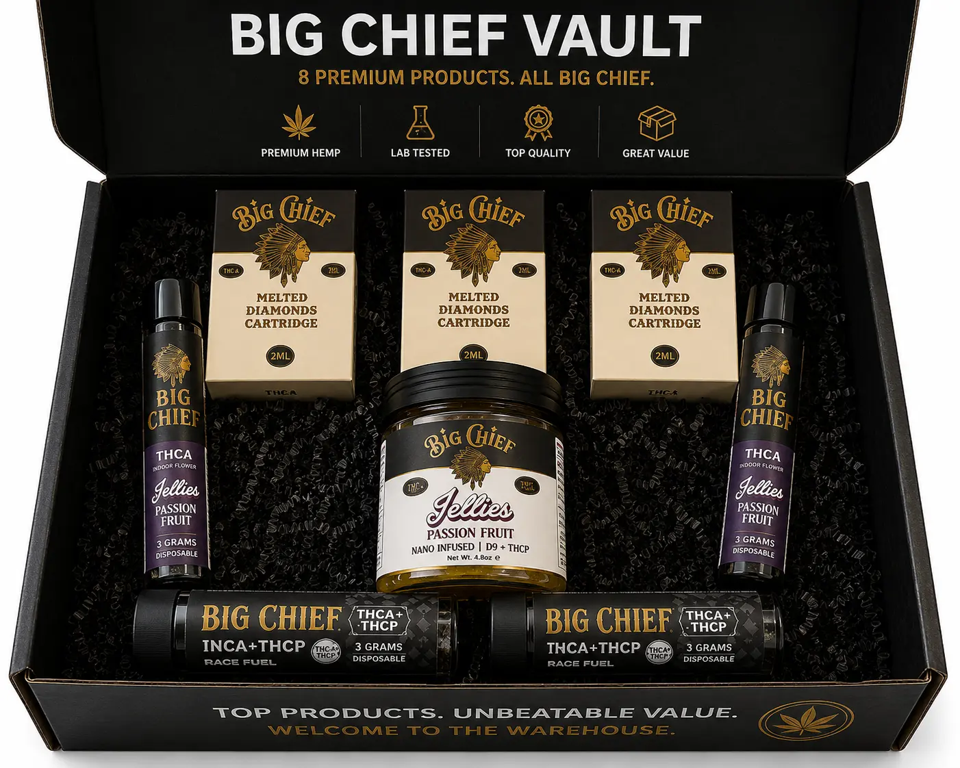 Big Chief Vault box open, all eight products from Big Chief