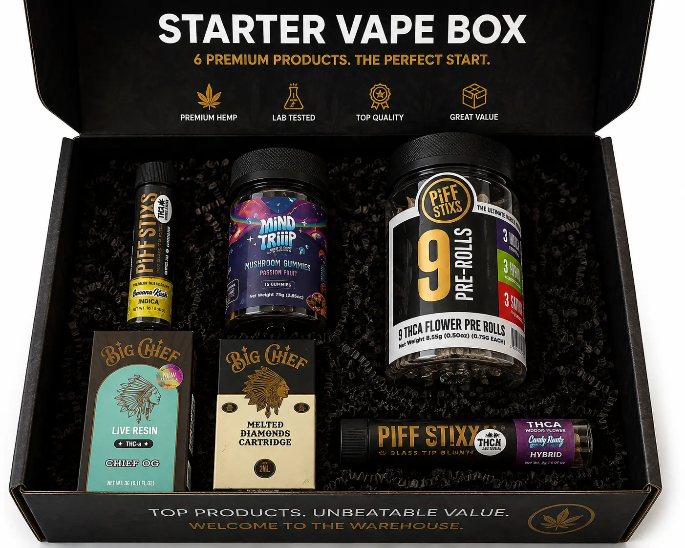 Starter Vape Box open, showing five premium hemp products