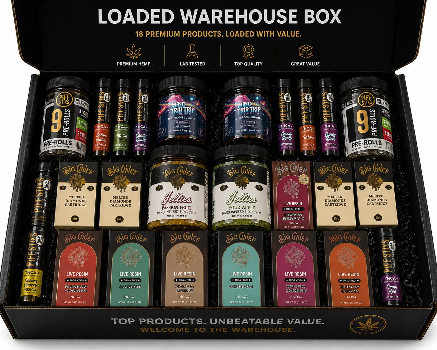 Loaded Warehouse Box open, packed with 18 premium hemp products