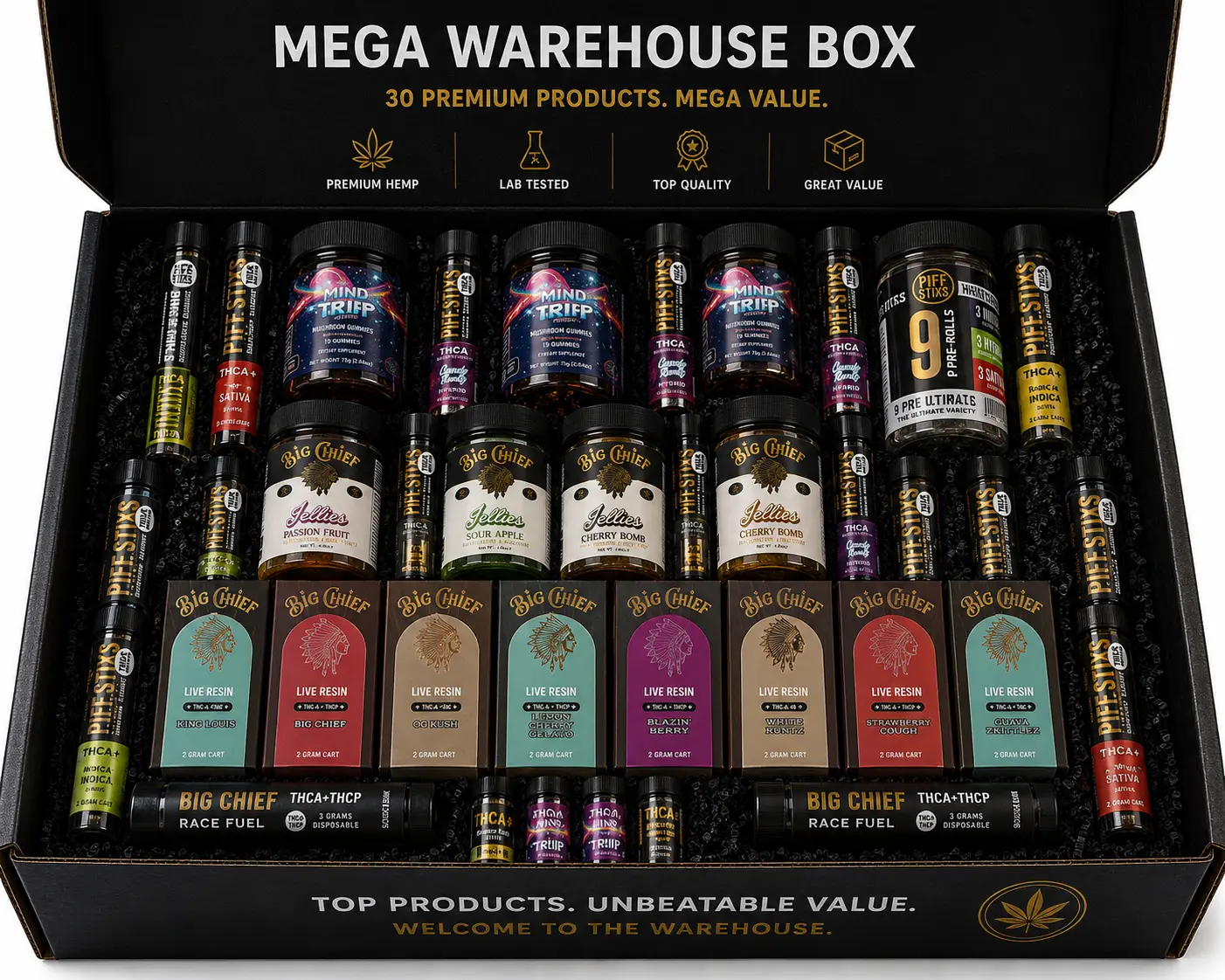 Mega Warehouse Box open, packed with 30 premium hemp products