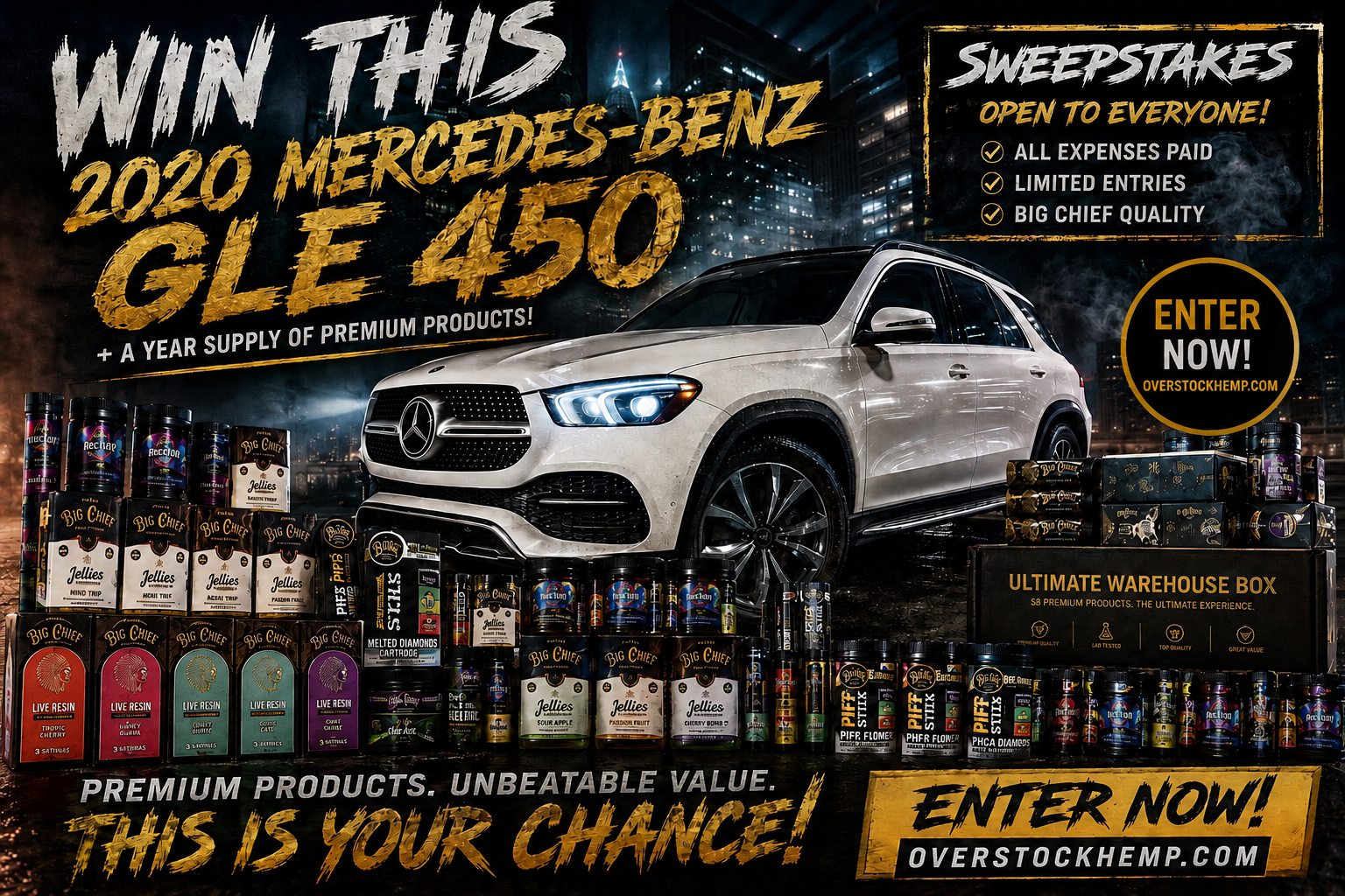 Win this 2020 Mercedes-Benz GLE 450 sweepstakes artwork with the full OverstockHemp warehouse box lineup