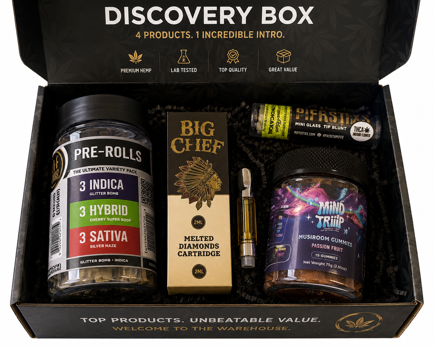 Discovery Box open, showing four premium hemp products