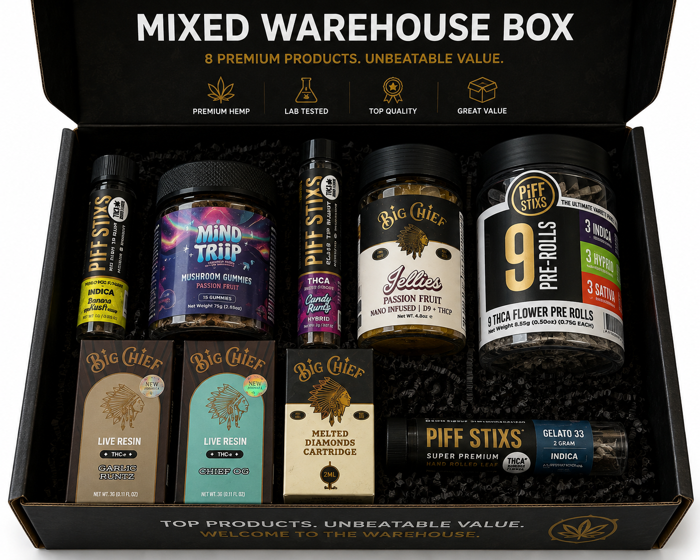 Mixed Warehouse Box open, showing nine assorted hemp products