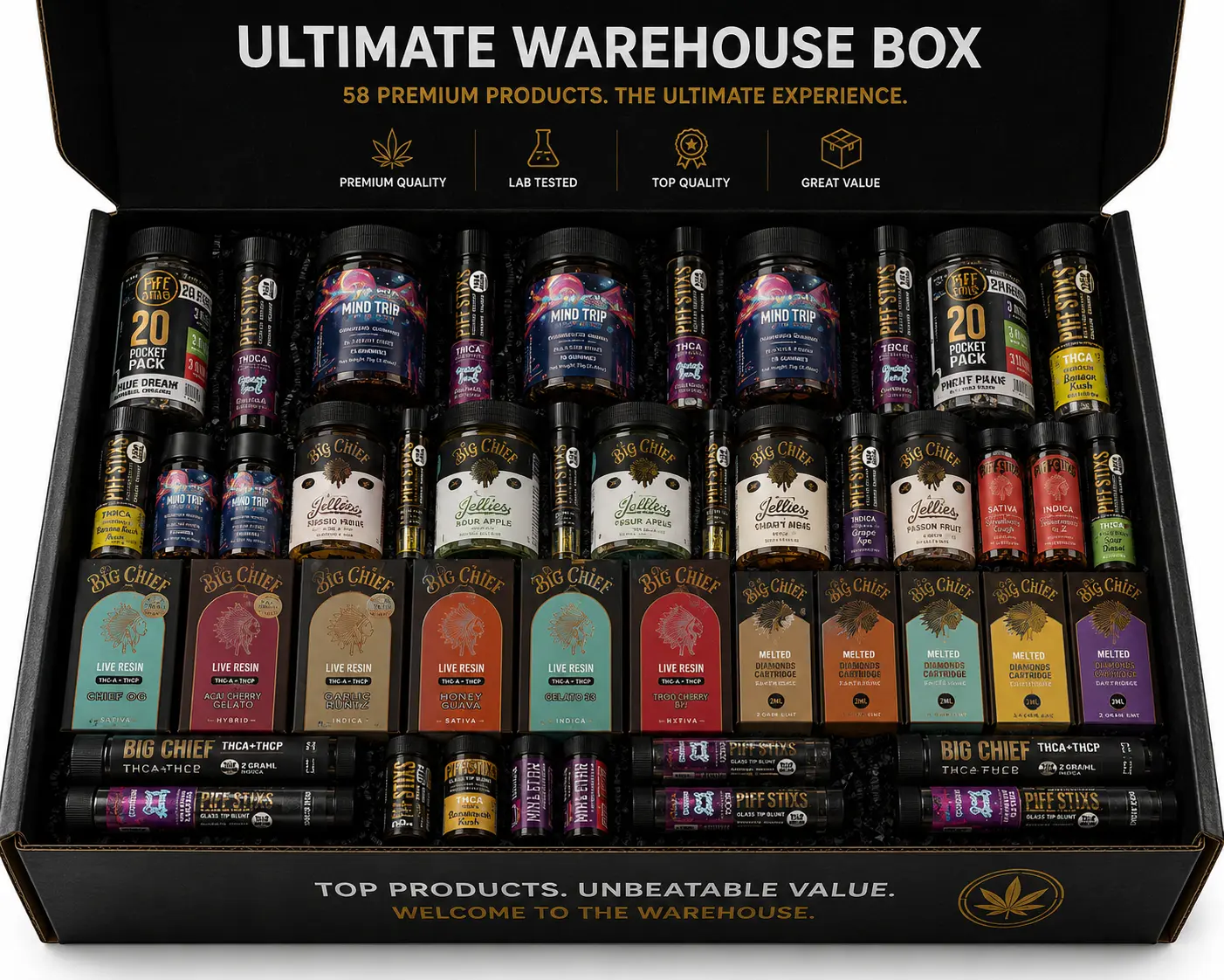 Ultimate Warehouse Box open, packed with 58 premium hemp products